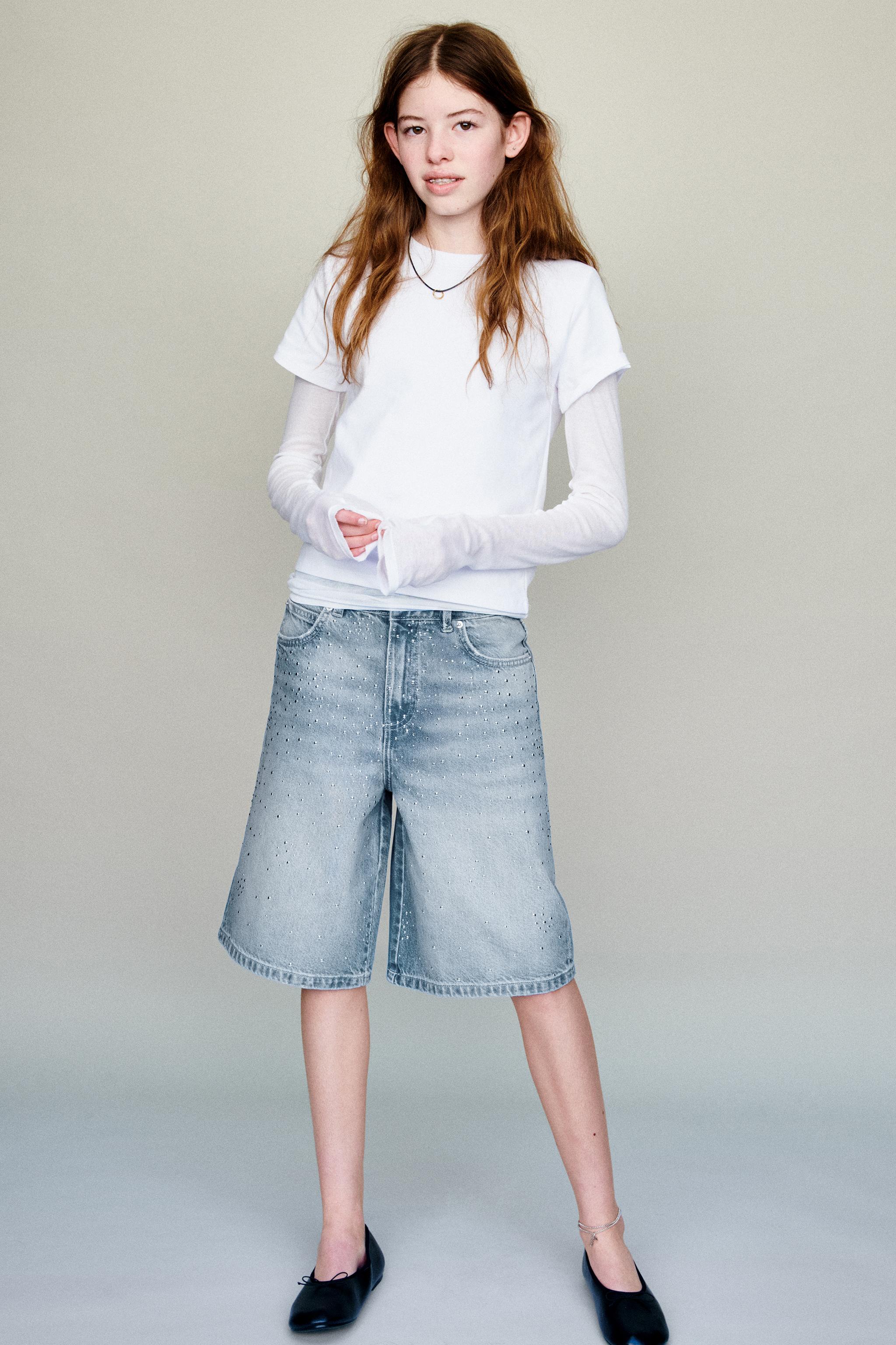 LONG DENIM BERMUDA SHORTS WITH RHINESTONES